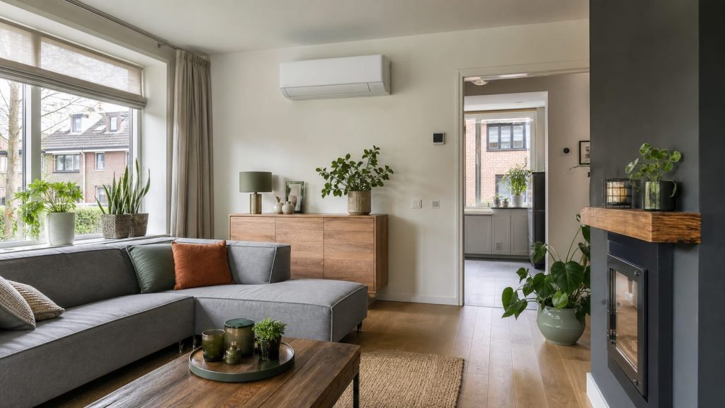 Moderne woonkamer met wandairco in Enschede