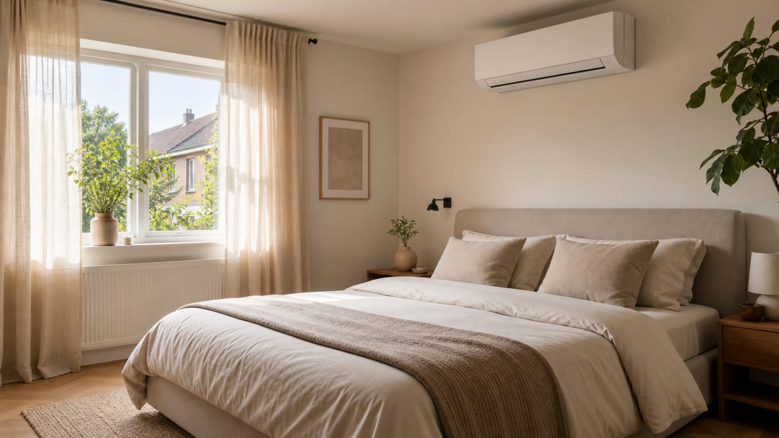 Moderne slaapkamer met witte split airco aan de muur